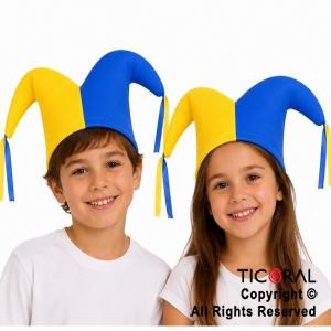 SOMBRERO BUFON DOS PUNTAS EQUIPO AZUL Y AMARILLO JERSEY x 10 UNIDADES